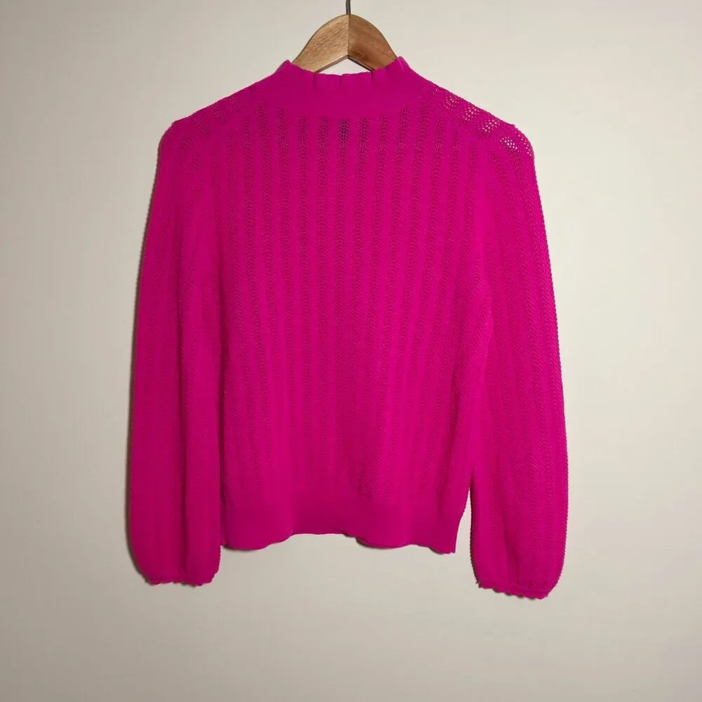 J Crew Scalloped Cuff Pointelle Mock Neck Sweater sz S Hot Pink Preppy Feminine